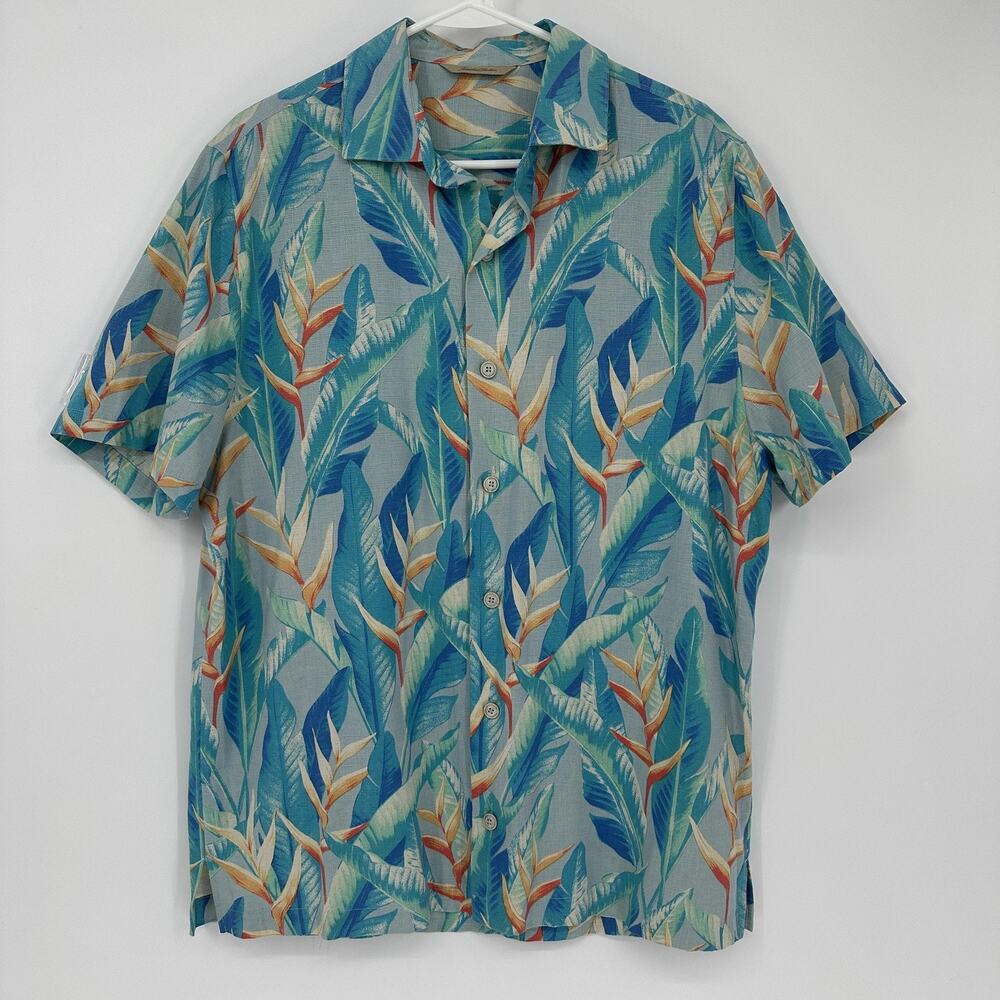 Mens M Blue 100% Silk Hawaiian Shirt Tropical Floral Print Button Up Aloha Camp